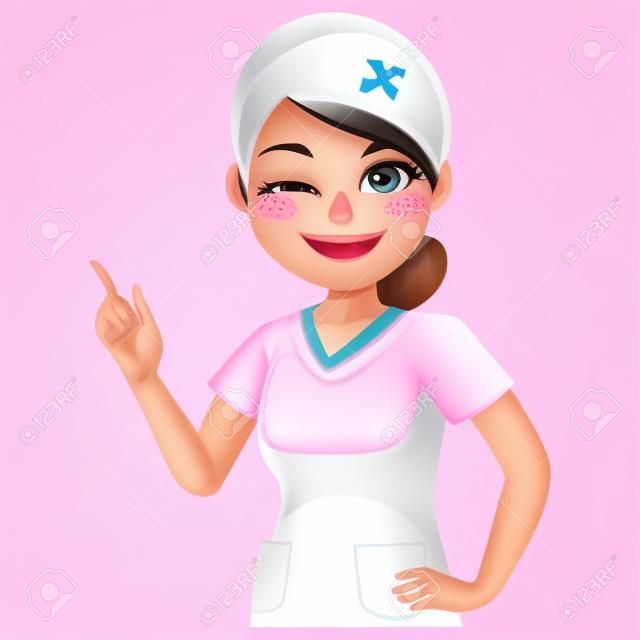 Netter junger krankenschwesterfrauencharakter in der rosa uniform mit dem zeigefingerzwinkern