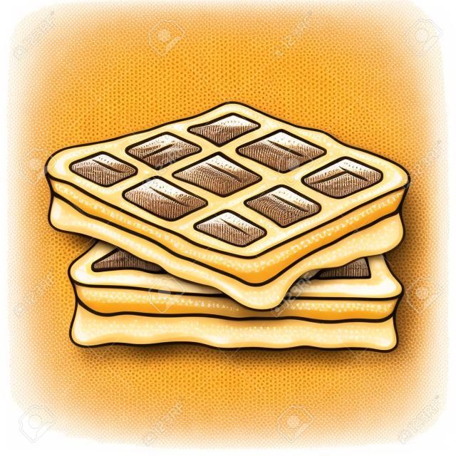 Hand drawn cute waffle isolated on white. vector sketch of stack of belgium wafers in vintage engraved style. sweet cake ink illustration. doodle dessert image for label, logo, bakery menu design
