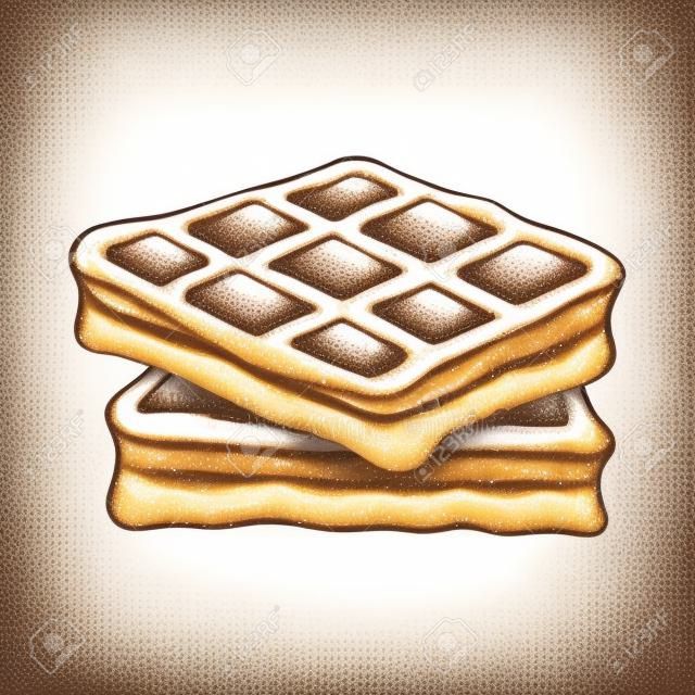 Hand drawn cute waffle isolated on white. vector sketch of stack of belgium wafers in vintage engraved style. sweet cake ink illustration. doodle dessert image for label, logo, bakery menu design