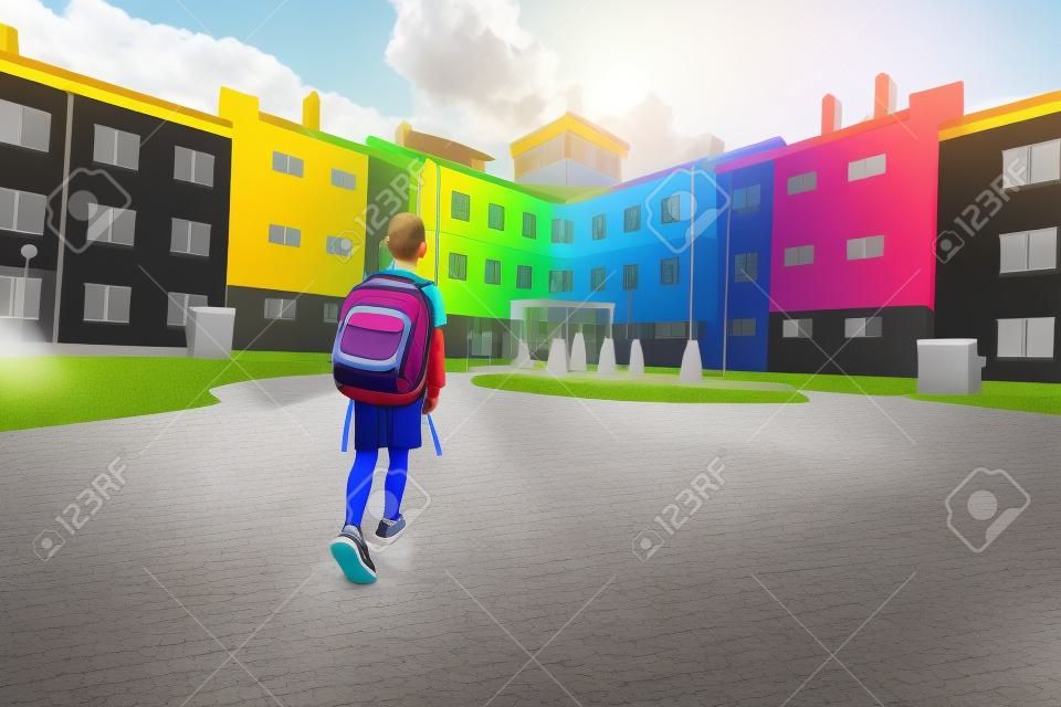 kind haast zich terug naar school met een rugzak. kleur school