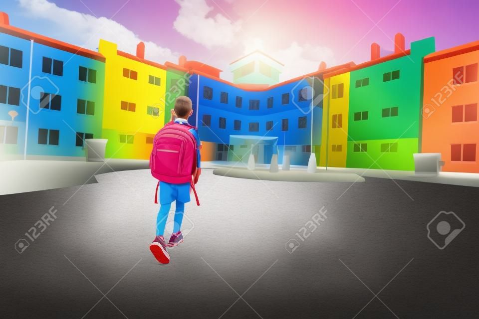 kind haast zich terug naar school met een rugzak. kleur school