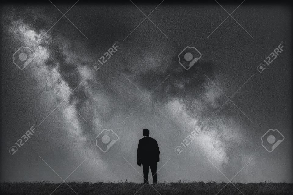 Uomo solo si erge all'orizzonte. fotografia in bianco e nero di un uomo che guarda al cielo.
