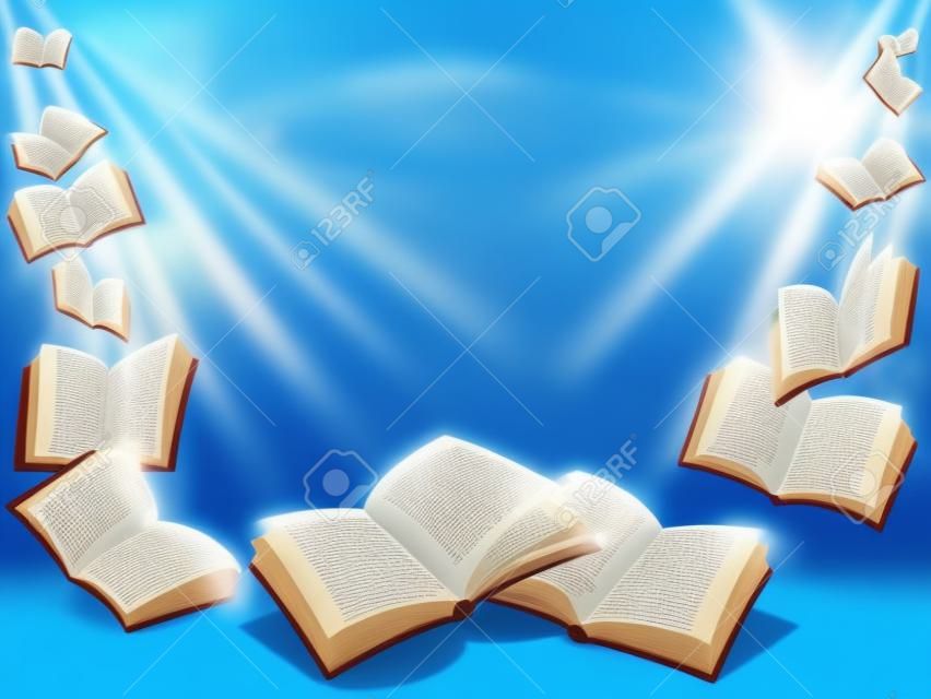 Open flying books, blue background with sunshine.