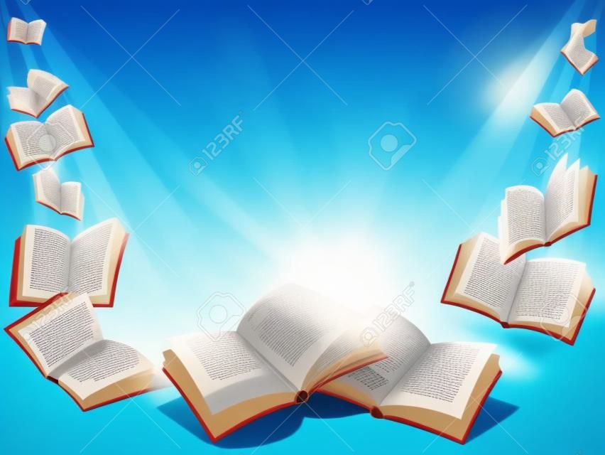 Open flying books, blue background with sunshine.