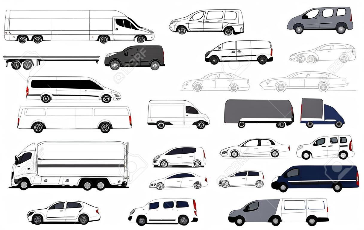 Zestaw czarno-białych samochodów. Zbiór różnych samochodów osobowych i dostawczych.