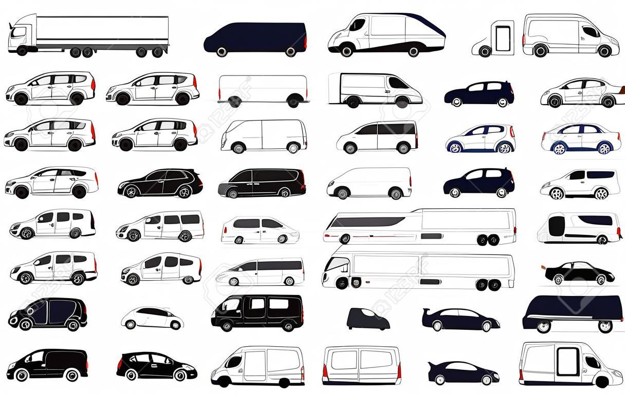 Zestaw czarno-białych samochodów. Zbiór różnych samochodów osobowych i dostawczych.