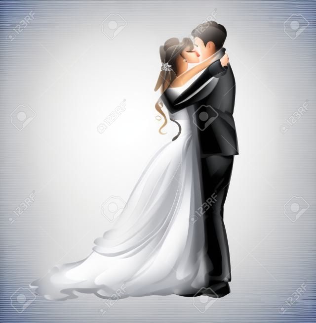 Esküvői pár csók. Friss házas. Vektor rajzot.