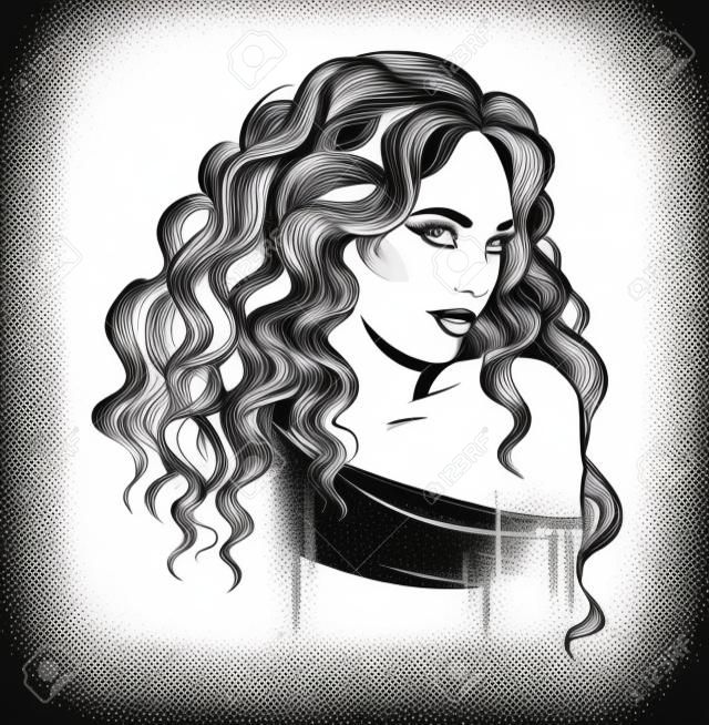 Sketch of a beautiful girl with curly hair. Black and white. Fashion illustration, vector EPS 10