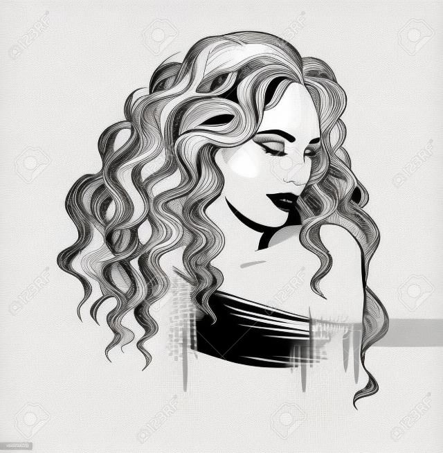 Sketch of a beautiful girl with curly hair. Black and white. Fashion illustration, vector EPS 10