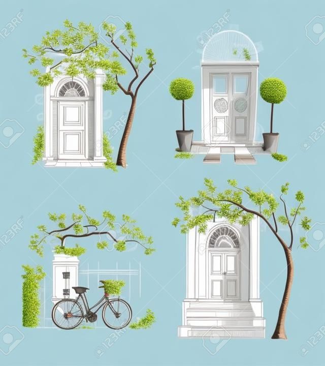 Set of architecture details drawings. Doors. Vector illustration