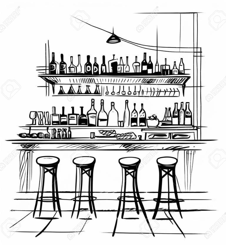 Ambiente interno bar, schizzo vettoriale in bianco e nero