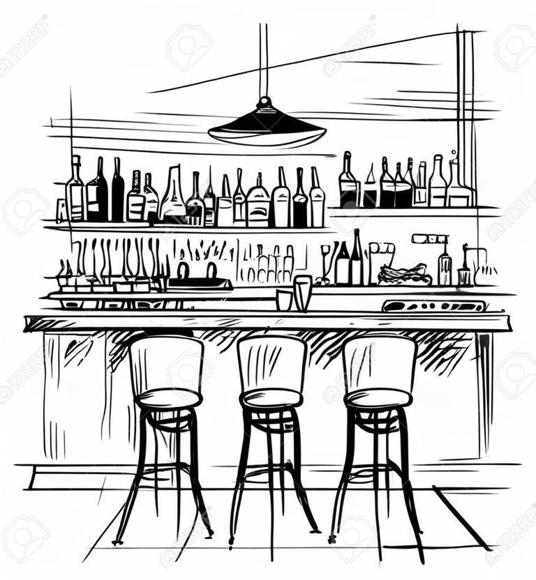 Ambiente interno bar, schizzo vettoriale in bianco e nero