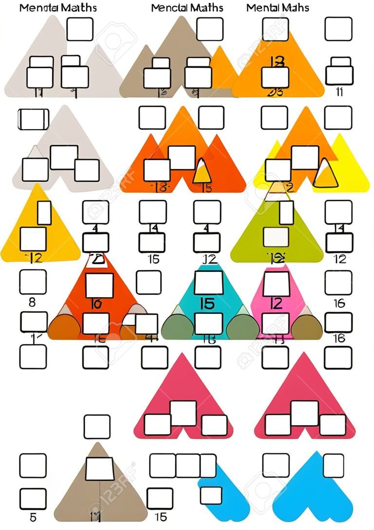 Piramidi di matematica per la pratica di matematica mentale, completa i numeri mancanti, foglio di lavoro di matematica per gli studenti dell'asilo
