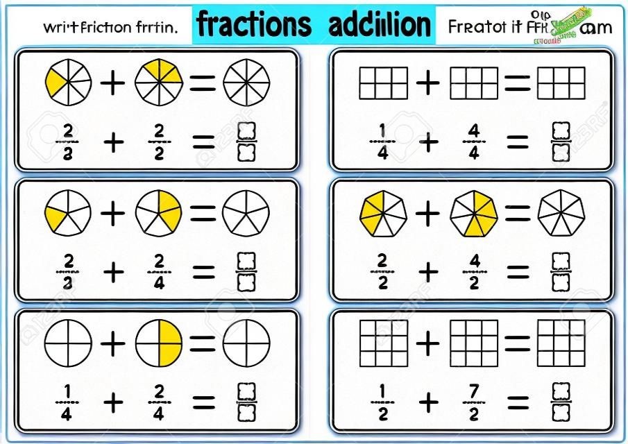 Aggiunte di frazioni, fogli di lavoro di frazioni stampabili per bambini, problemi di aggiunta di frazioni. Aggiungi due frazioni e scrivi la risposta nella casella.