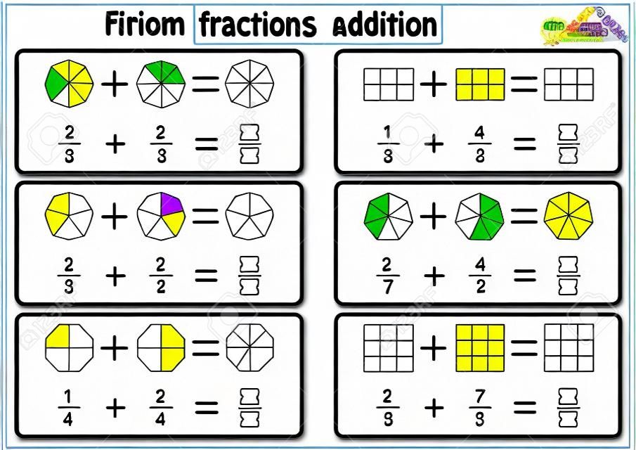 Fractions Addition, Printable Fractions Worksheets voor kinderen, breuk addition problems. Voeg twee breuken toe en schrijf het antwoord in de doos.