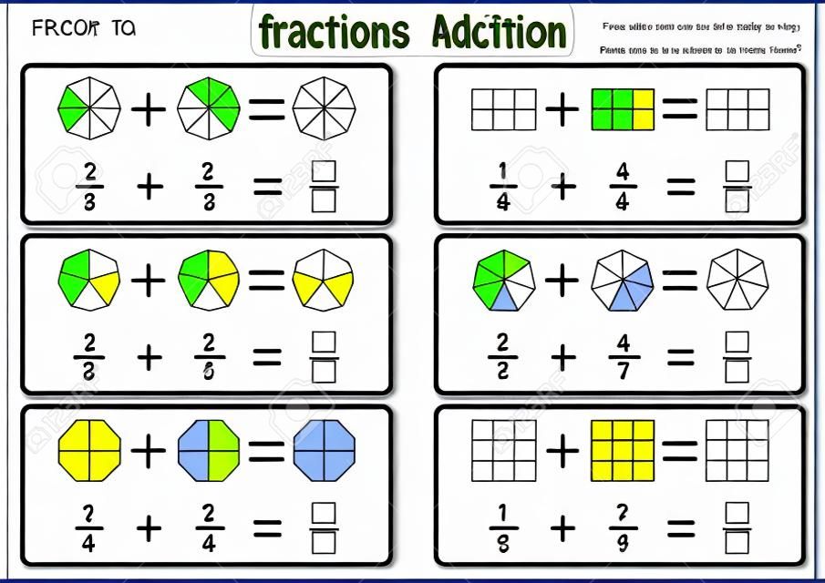 Adición de fracciones, hojas de trabajo de fracciones imprimibles para niños, problemas de adición de fracciones. Agregue dos fracciones y escriba la respuesta en el cuadro.
