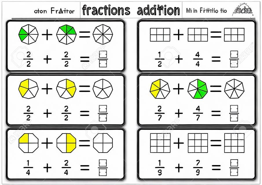 Addition de fractions, feuilles de calcul de fractions imprimables pour les enfants, problèmes d'ajout de fraction. Ajoutez deux fractions et écrivez la réponse dans la case.