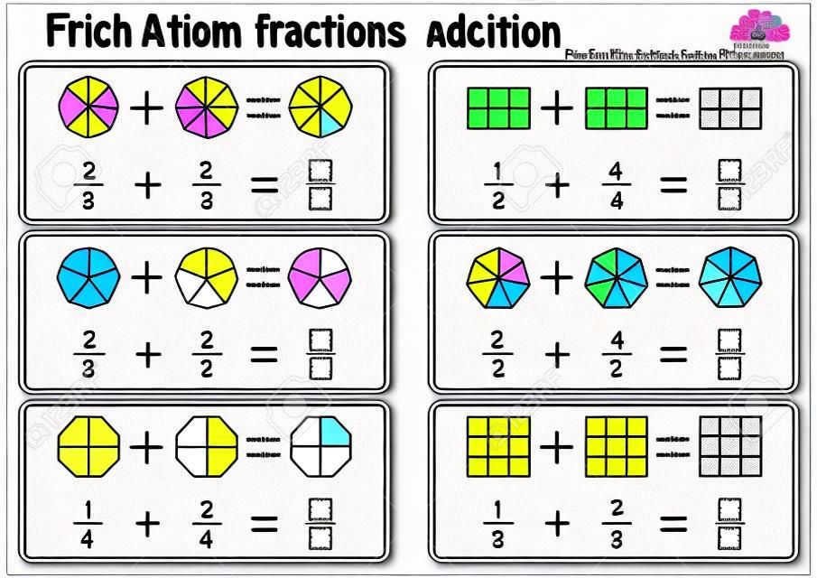 Fractions Addition, Printable Fractions Worksheets for kids , fraction addition problems. Add two fractions and write the answer in the box.