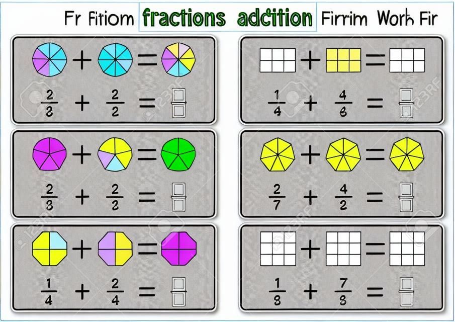 Fractions Addition, Printable Fractions Worksheets for kids , fraction addition problems. Add two fractions and write the answer in the box.