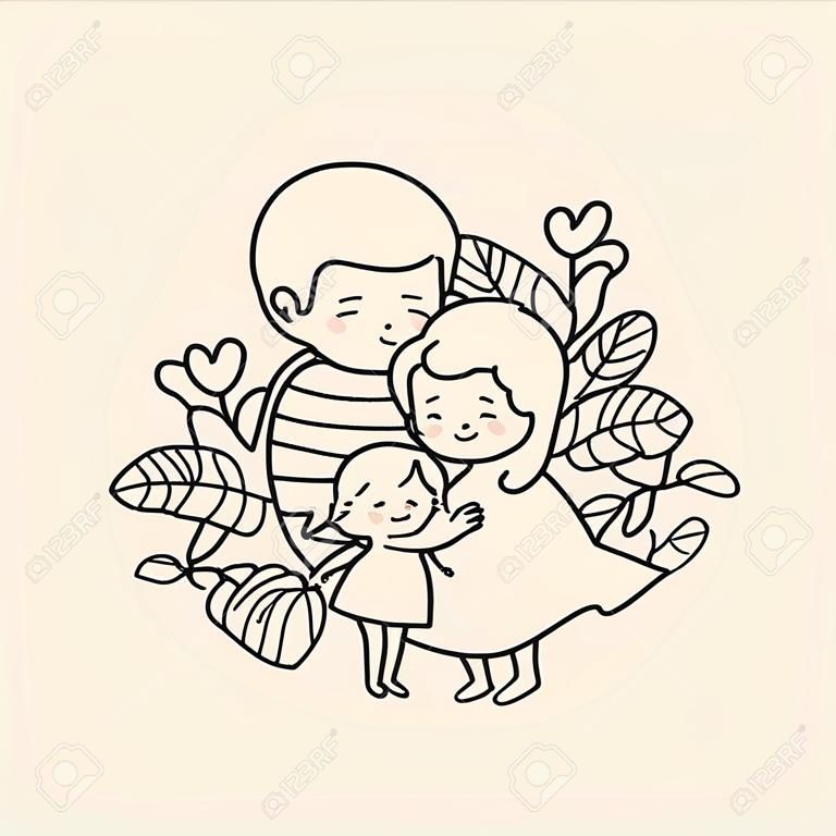 Schwangere Mutter umarmt von Papa und kleine Tochter, die Mamas Bauch vor verschiedenen Blättern umarmt, Illustration im Doodle-Stil. Vektor-Illustration