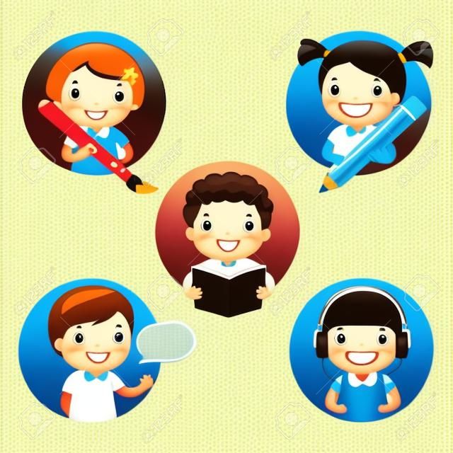 Illustrazione set di bambini mascotte di apprendimento. Icona per scrivere, disegnare, leggere, parlare e ascoltare