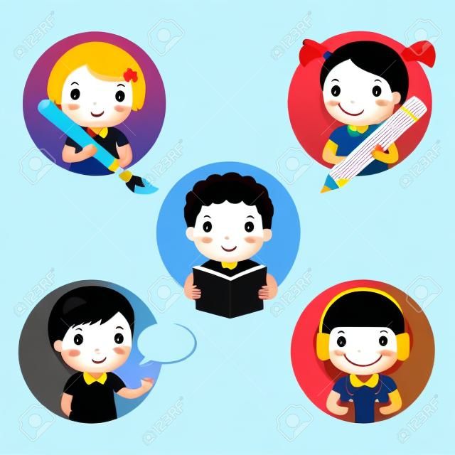 Иллюстрация набор детей талисман обучения. Иконка для написания, рисование, чтение, говорение и аудирование