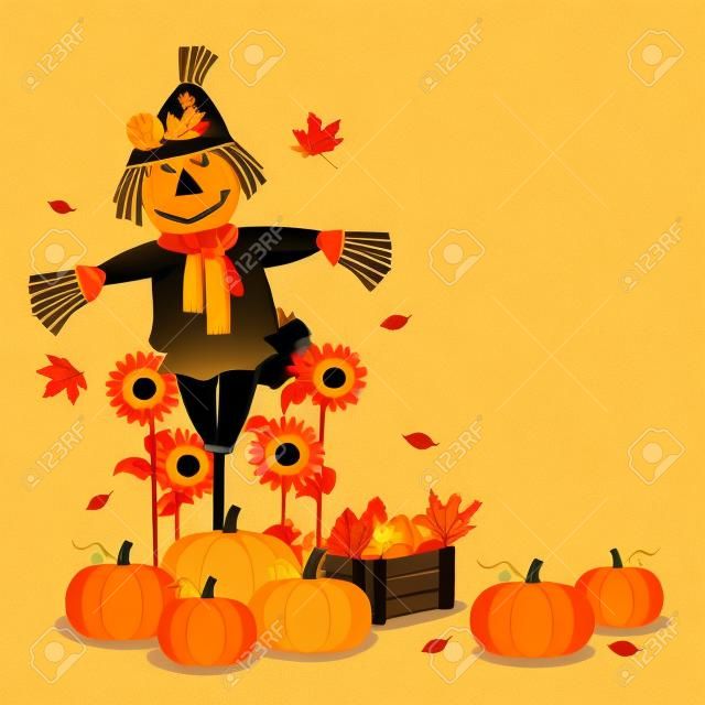 Illustration of autumn harvesting with cute scarecrow and pumpkins