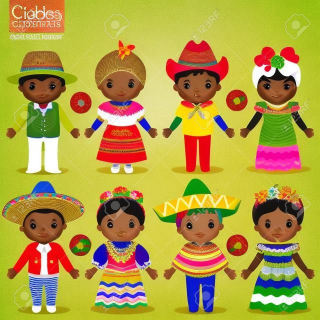 Kinderen in verschillende traditionele kostuums Jamaica, Cuba, Mexico