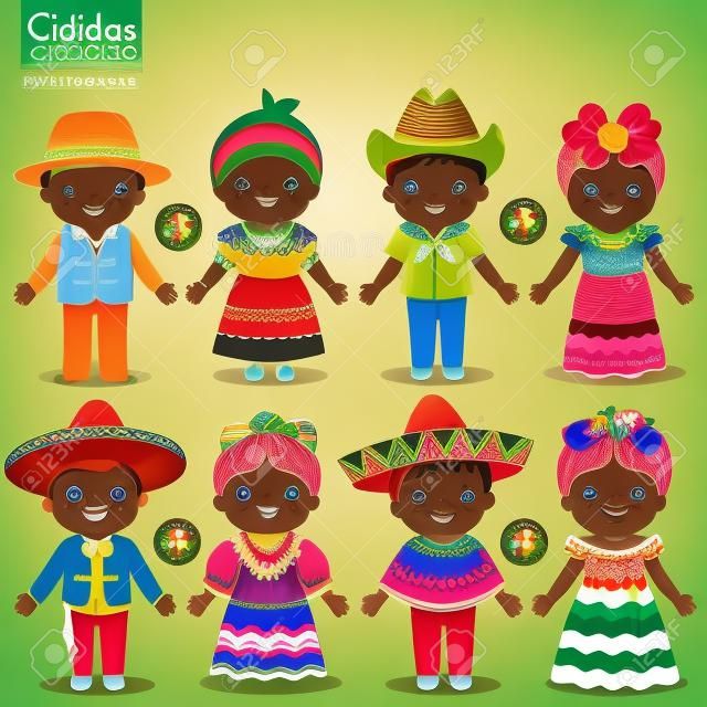 Crianças em diferentes trajes tradicionais Jamaica, Cuba, México