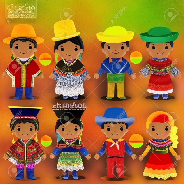 伝統的な衣装-ボリビア-エクアドル-ペルー-ベネズエラの子供たち