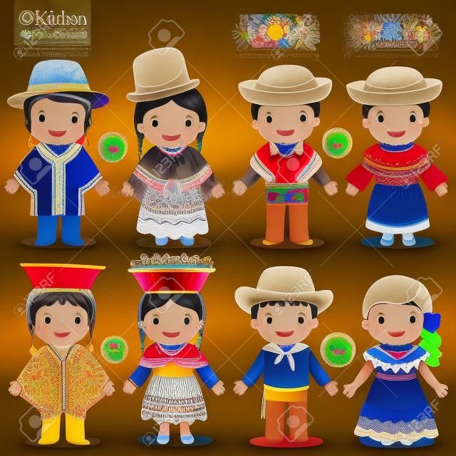 在傳統服裝，玻利維亞，厄瓜多爾，秘魯，委內瑞拉兒童
