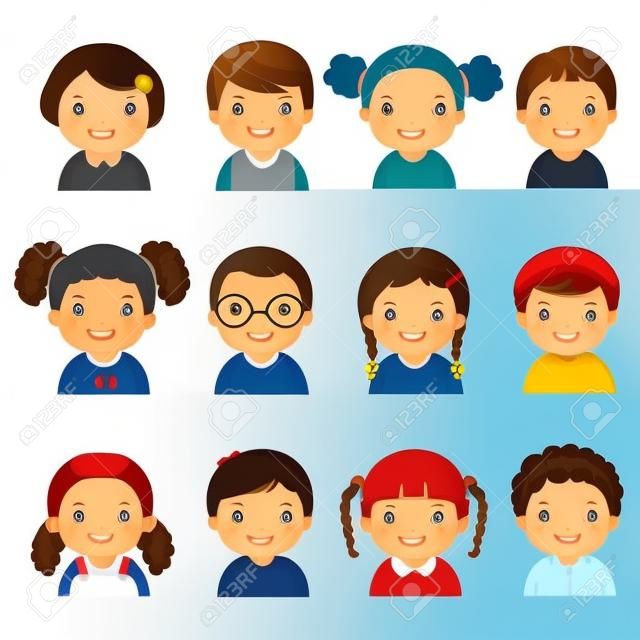 Векторная иллюстрация набор различных аватаров мальчиков и девочек на белом фоне. Различные тона кожи, цвета волос и стили.