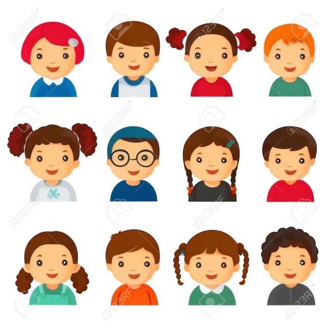 Conjunto de ilustração vetorial de diferentes avatares de meninos e meninas em um fundo branco. Diferentes tons de pele, cores de cabelo e estilos.