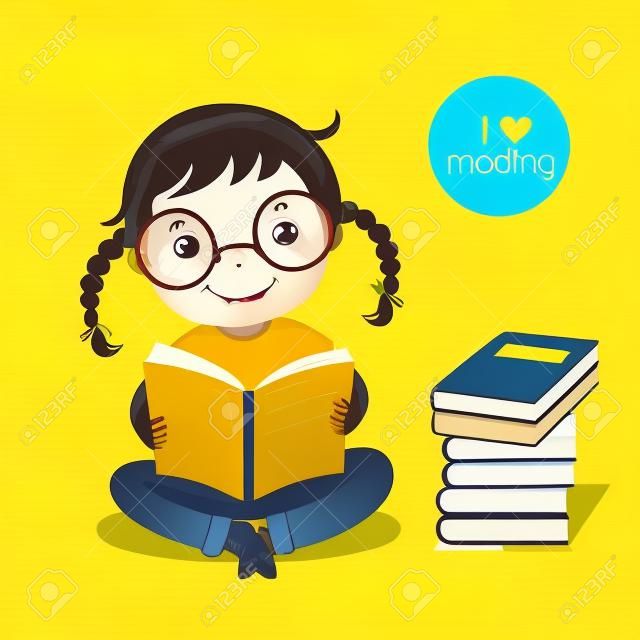 노란색 배경에 책을 읽고 귀여운 소녀의 그림