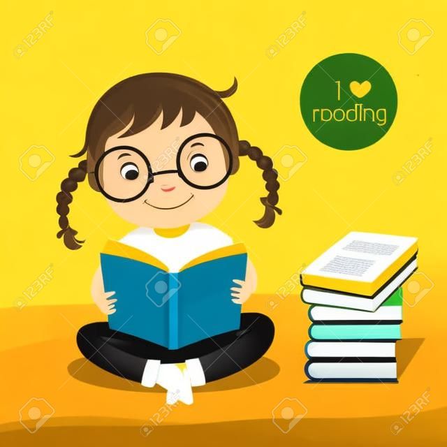 Ilustración de la chica linda que lee un libro sobre fondo amarillo