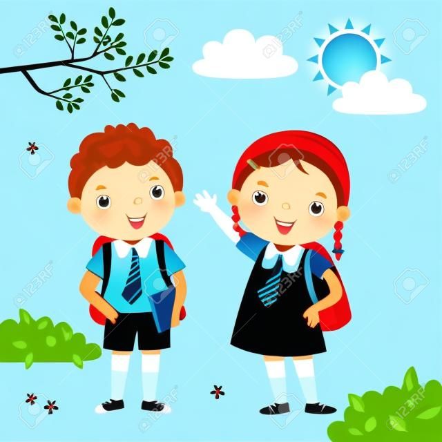Ilustração vetorial de duas crianças no uniforme da escola indo para a escola