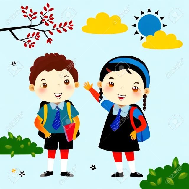 Векторная иллюстрация двух детей в школьной форме ходить в школу