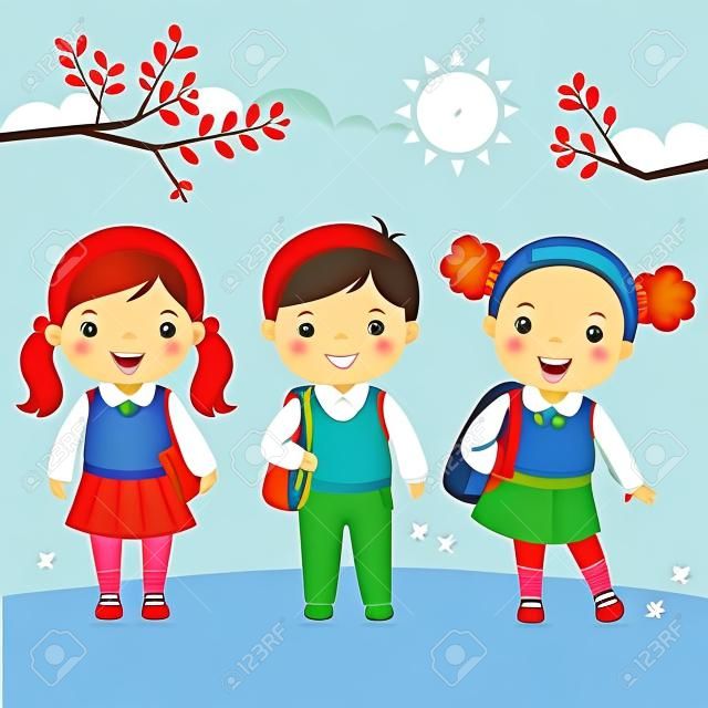 ilustracji wektorowych z trzech dzieci w szkolnych mundurkach chodzić do szkoły