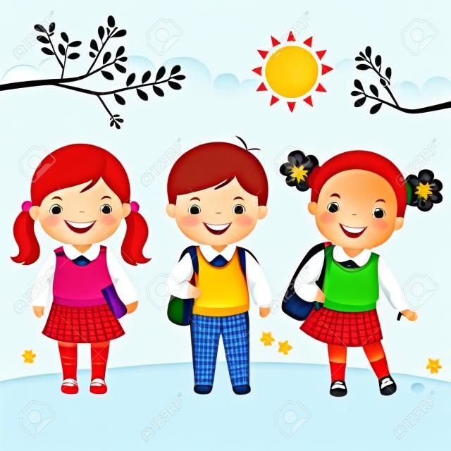 Ilustración de vector de tres niños en uniforme escolar yendo a la escuela