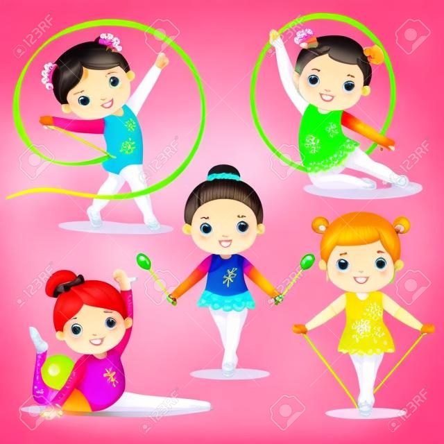 Set van ritmische gymnastiek schattige meisjes