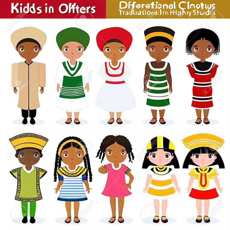 Bambini in diversi costumi tradizionali. Nigeria, Kenya, Sudafrica, Egitto.