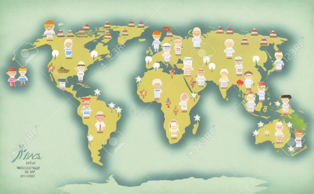 World map and kids of various nationalities