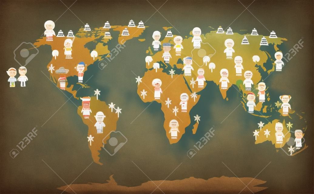 Mapa do mundo e filhos de várias nacionalidades
