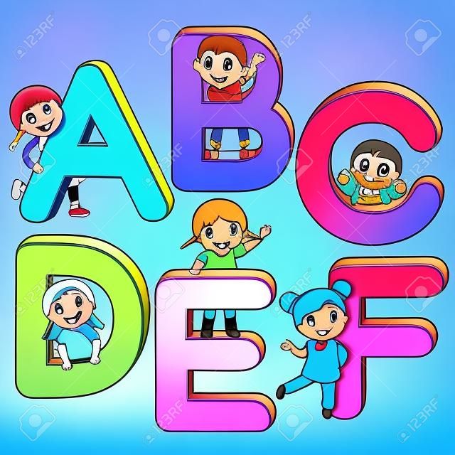 Cartoon Kinder mit ABCDEF Buchstaben