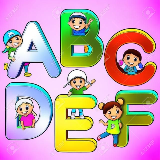 ABCDEF字母的卡通小孩