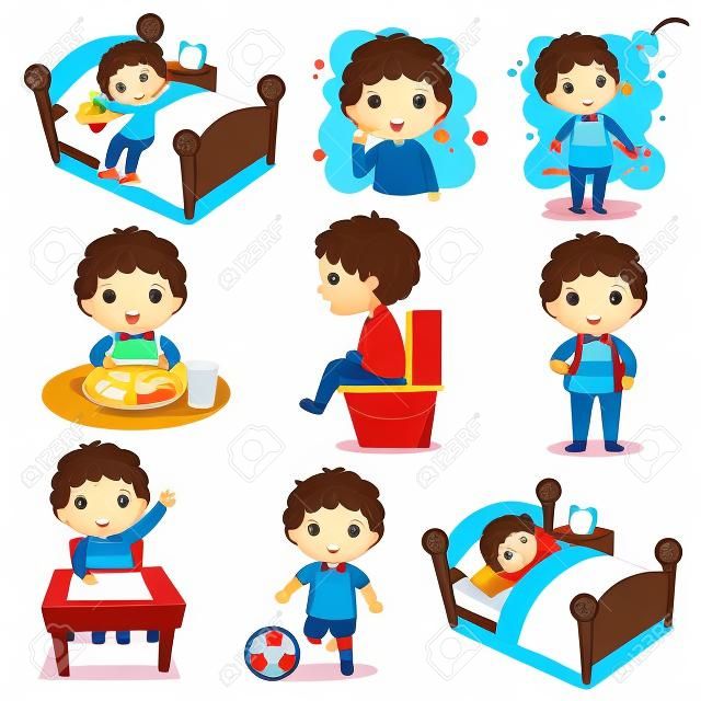 Illustration of daily routine activities for kids with cute boy