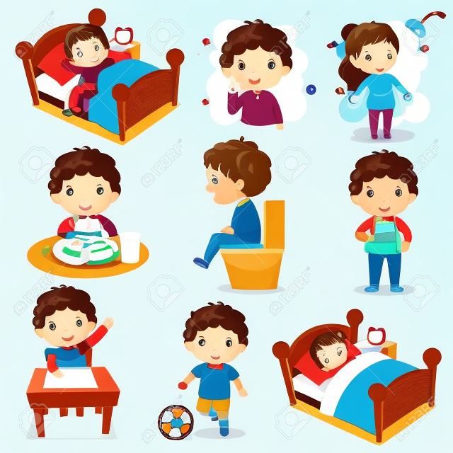 Illustratie van dagelijkse routine activiteiten voor kinderen met schattige jongen