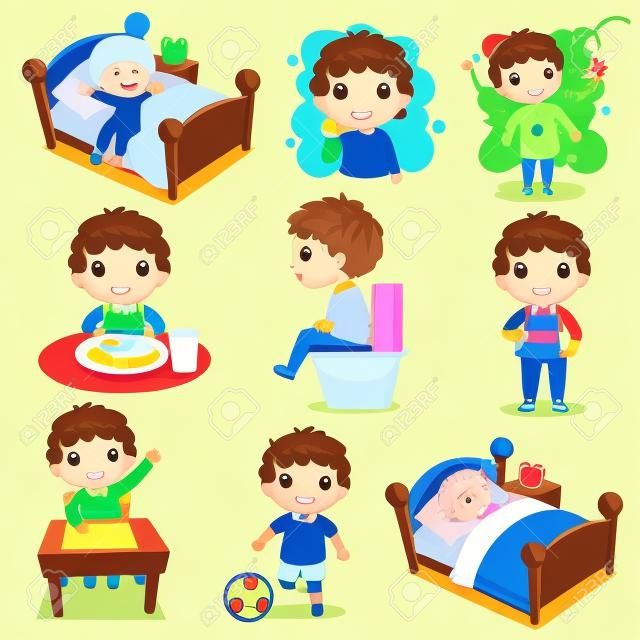 illustration des activités de routine quotidienne pour les enfants avec garçon mignon