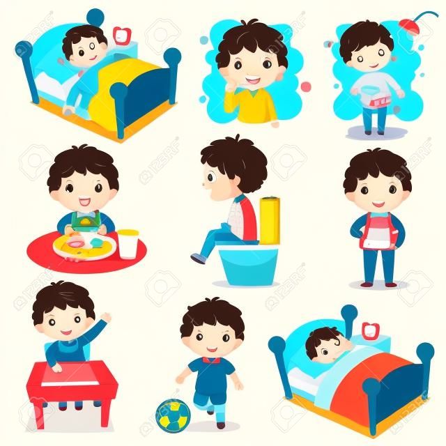 Illustratie van dagelijkse routine activiteiten voor kinderen met schattige jongen