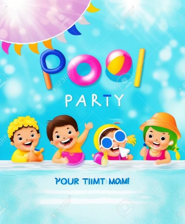 Pool party invitation template card with kids enjoying in swimming pool.
